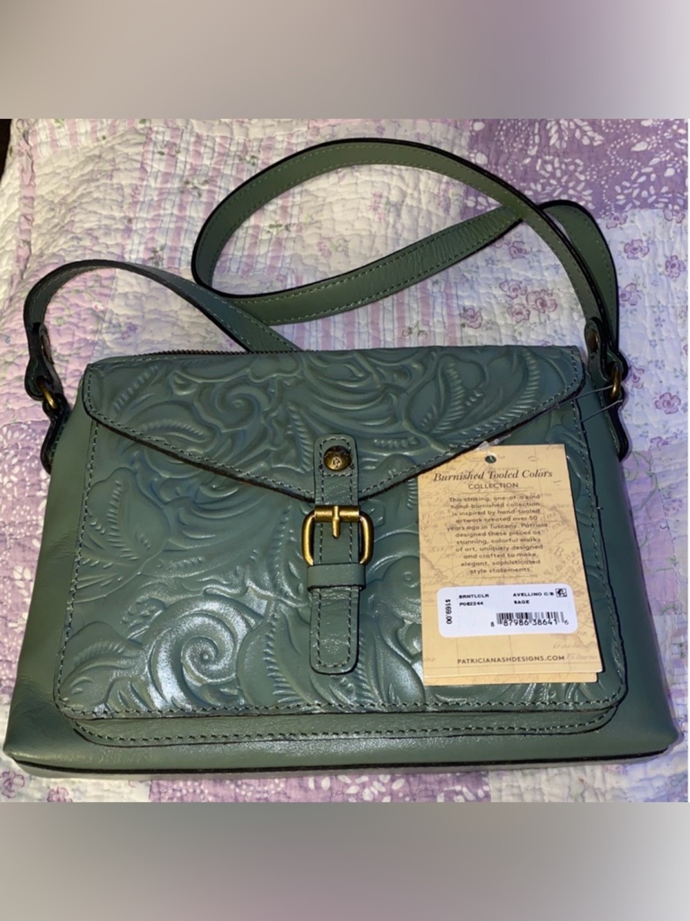 NWT-🌷Patricia Nash -Sage Avellino Crossbody Organizer Floral Embossed Leather.